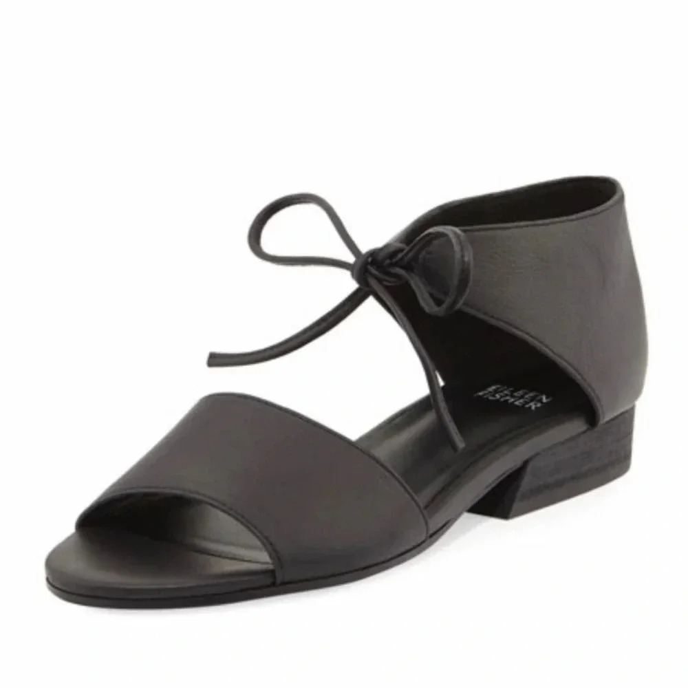 Eileen Fisher Black Ely Tie-Front Heeled Single Band Leather Sandal Size 8.5